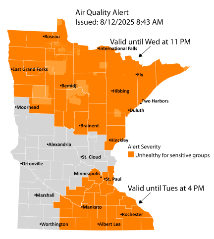 Map showing active air quality alert in the orange category for northern Minnesota and southeast Minnesota.