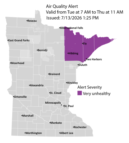 Map showing active air quality alert in the purple category for northeast Minnesota.