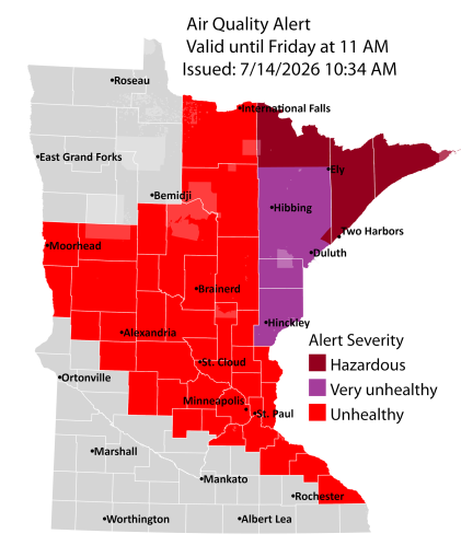 Map showing active air quality alert in the maroon air quality index (AQI) category across northeast Minnesota, the purple air quality index (AQI) category across east central and northeast Minnesota, and the red air quality index (AQI) category across east central, central, west central, southeast, north central, and northwest Minnesota.