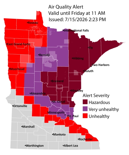 Map showing active air quality alert in the maroon air quality index (AQI) category across central, east central, north central, and northeast Minnesota, the purple air quality index (AQI) category across east central, west central, north central, central, and northwest Minnesota, and the red air quality index (AQI) category across east central, southeast, west central, central, northwest, and north central Minnesota.