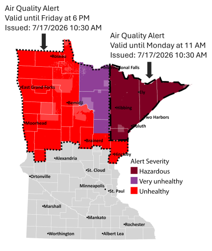 Map showing an air quality alert for east central, west central, north central, northwest, central, and northeast Minnesota.