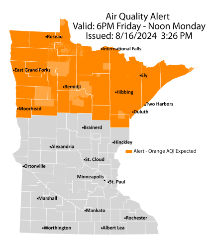 Map showing active air quality alert in the orange category for northern Minnesota.