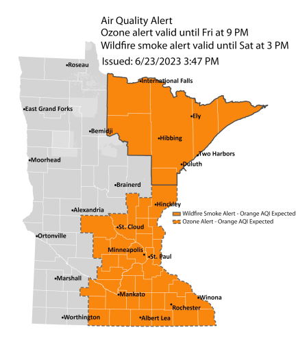 Map showing active air quality alert for north central and northeast Minnesota through Saturday, June 24. Air quality is expected to reach the orange AQI category, a level considered unhealthy for sensitive groups.