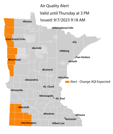Map showing active air quality alert in the orange category for western Minnesota through Thursday, Sept. 7.
