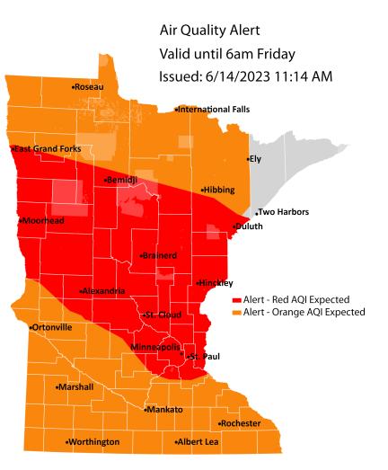 Map showing active air quality alert in the red AQI category for northern and central Minnesota until 6 a.m. on Friday, June 16, and in the orange AQI category for southeast Minnesota for Wednesday, June 14 from noon to 8 p.m. 