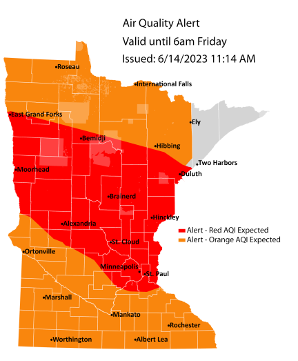 Map showing active air quality alert in the red AQI category for northern and central Minnesota until 6 a.m. on Friday, June 16, and in the orange AQI category for southeast Minnesota for Wednesday, June 14 from noon to 8 p.m.