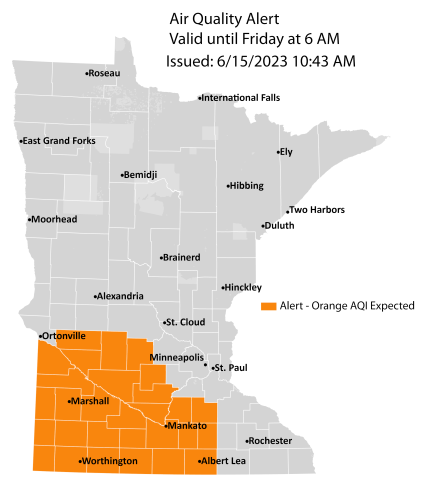 Map showing active air quality alert in the orange AQI category for southwest Minnesota until 6 a.m. on Friday, June 16.