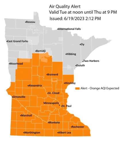 Map showing active air quality alert for Tuesday, June 20, through Thursday, June 22 for central and southern Minnesota. Air quality is expected to reach the orange AQI category, a level which is unhealthy for everyone.