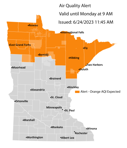 Map showing active air quality alert for northern Minnesota through Monday, June 26. Air quality is expected to reach the orange AQI category, a level considered unhealthy for sensitive groups.