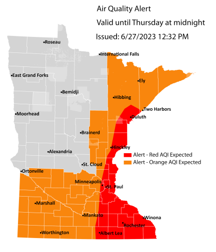 Map showing active air quality alert in the red AQI category for east central and southeast Minnesota through Thursday, June 29, a level considered unhealthy for everybody.
