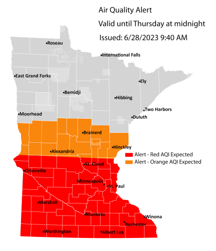 Map showing active air quality alert in the red AQI category for southern Minnesota through Wednesday, June 30, a level considered unhealthy for everybody.