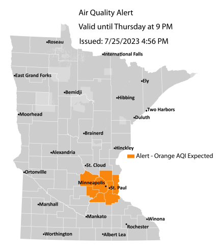 Map showing active air quality alert in the orange category for the Twin Cities metro until 9 p.m. Thursday, July 27.