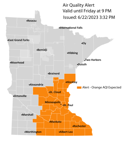 Map showing active air quality alert for Thursday, June 22 through Friday, June 23, for central and southern Minnesota. Air quality is expected to reach the orange AQI category.