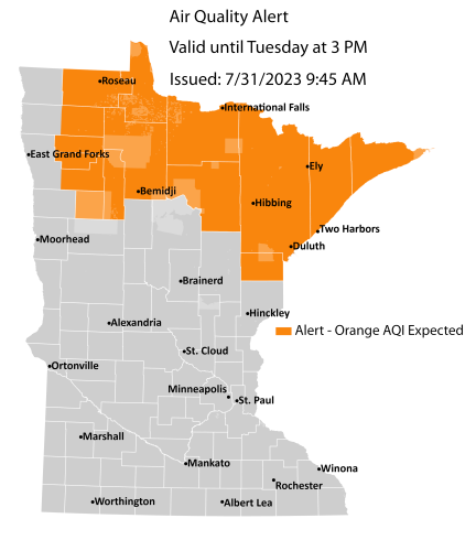 Map showing active air quality alert in the orange category for northern Minnesota until 3 p.m. on Tuesday, Aug. 1