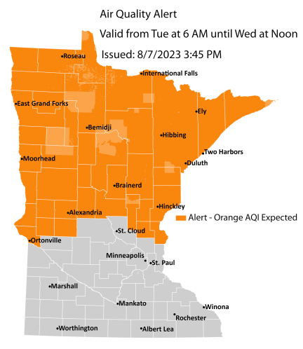Map showing active air quality alert in the orange category for northern and central Minnesota from 6 a.m. on Tuesday, August 8, until noon on Wednesday, August 9.