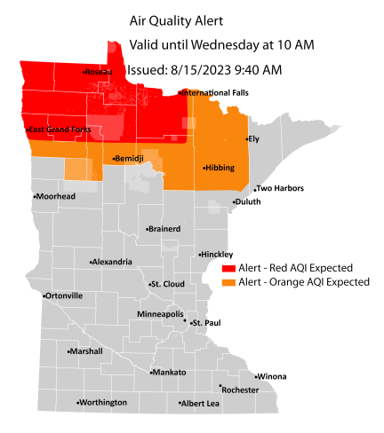 Map showing active air quality alert for northern Minnesota until 10 a.m. on Wednesday, August 16. Air quality is expected to reach the red AQI category, a level considered unhealthy for everyone.