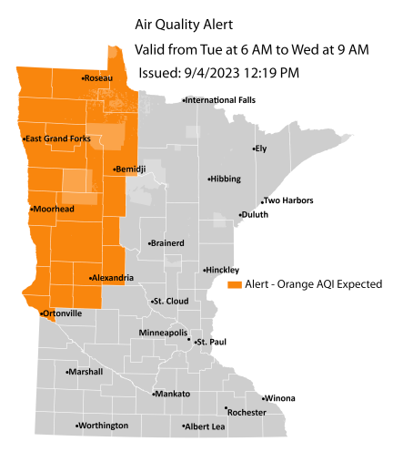 Map showing active air quality alert in the orange category for northwestern Minnesota through 9 a.m. on Wednesday, Sept. 6.
