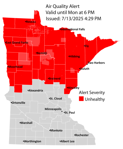 Air quality alert issued for northern Minnesota through July 14, 2025, showing counties in the red AQI category
