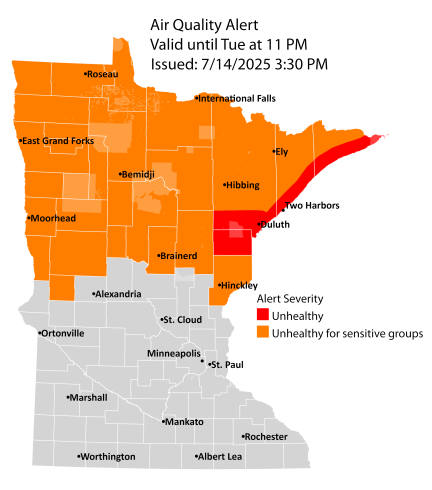 Map of air quality alert issued for July 14, 2025, showing most of northern Minnesota in the orange air quality index with some areas near Lake Superior in red.