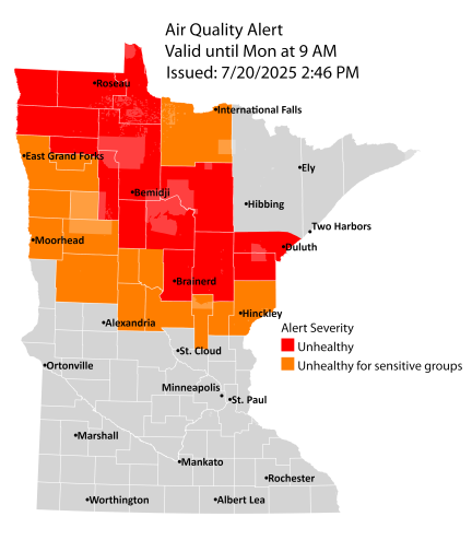 Map of Minnesota showing the air quality alert for Sunday, July 20, through Monday, July 21