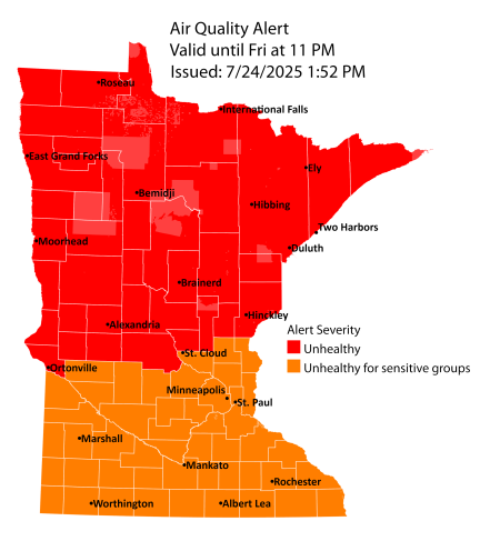 Map showing air quality alert for July 24 expanded to all of Minnesota