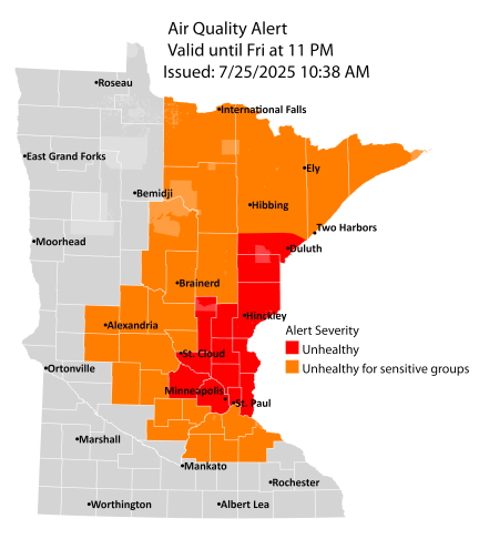map showing extent of air quality alert after portions of the alert were rescinded on July 25, 2025