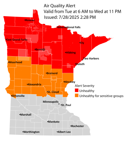 map showing the coverage for the air quality alert issued July 28, 2025