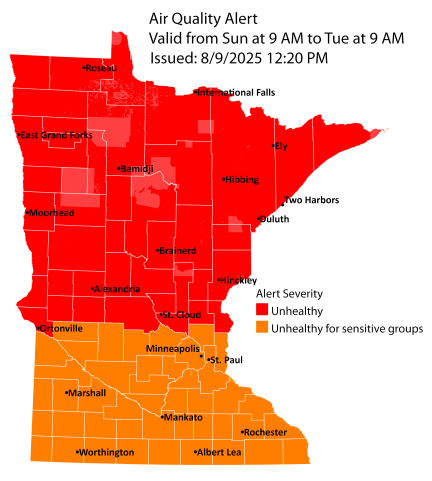 Map of air quality alert issued Aug. 9, 2025