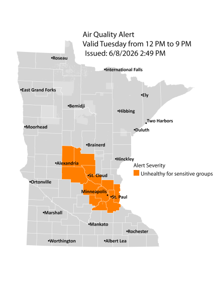 map showing air quality alert issued on June 6 for the Twin Cities and central Minnesota