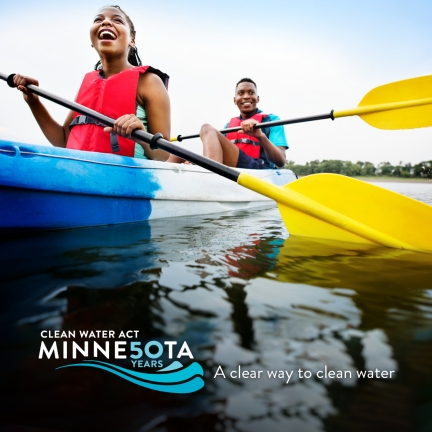 Woman and man laughing as they paddle a kayak. Logo for 50 years of Clean Water Act. A clear way to clean water.