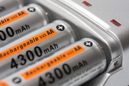 Close up of rechargeable batteries in a charger.