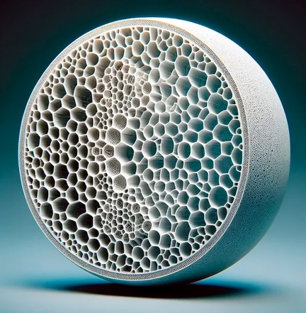 Cross section of a sphere with a sponge-like texture.