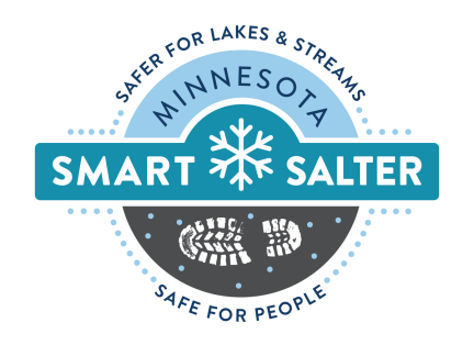 Minnesota Smart Salter logo showing a snowflake and a bootprint with salt grains around it. Text says "Safer for lakes and streams, safe for people."
