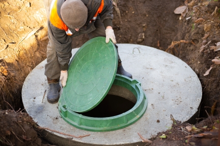 A worker installs a green plastic lid on a septic tank made of concrete.