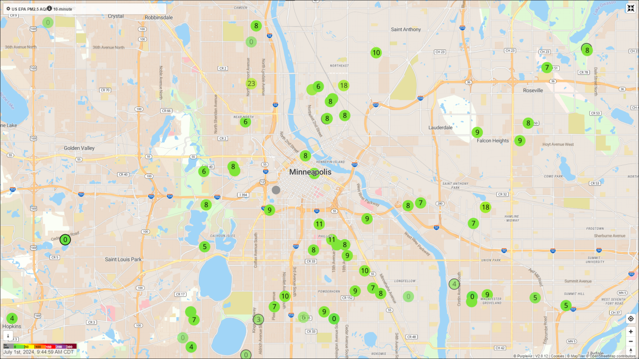 a screenshot of Purple Air's map for Minneapolis