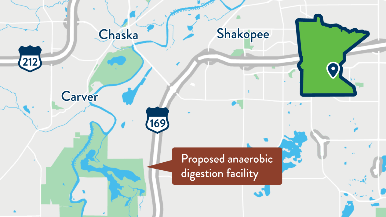 Map showing location of Dem-Con anaerobic digester project on Highway 169 to the southwest of Shakopee.