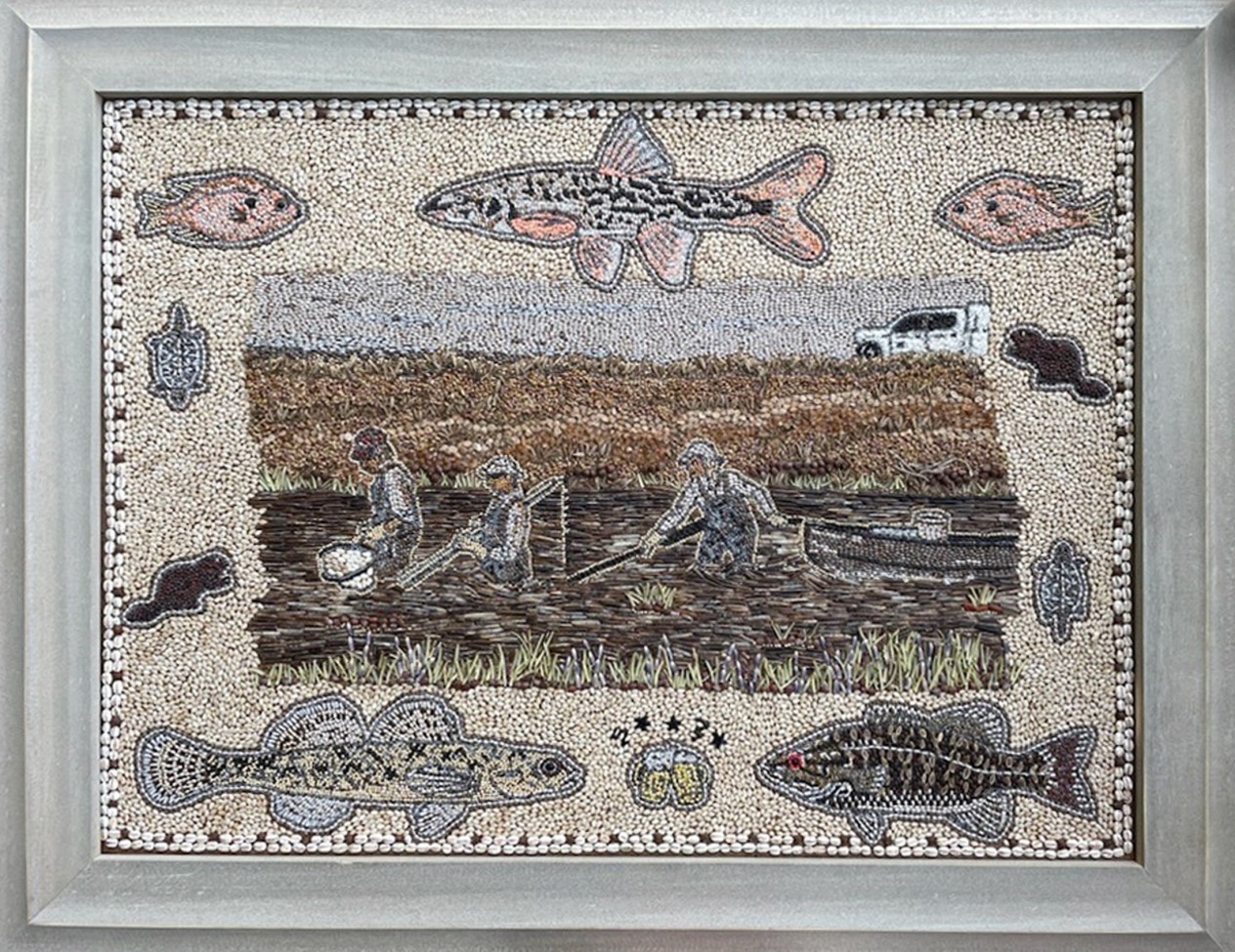 Artwork using seeds to depict three people wading in water with monitoring equipment and a border with fish, beaver, and turtles.