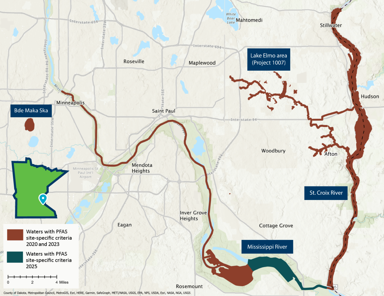 Map of surface waters with PFAS site-specific criteria in the Mississippi River, St. Croix River, Bde Maka Ska, and the Lake Elmo area as of 2025.