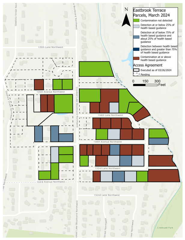 Sampling map showing 22 parcels at or above health based guidance for 1,4-Dioxane, and no contamination at 15 parcels in the Eastbrook Terrace neighborhood of Andover.