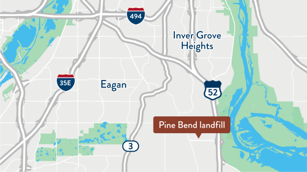 Map of Pine Bend landfill location on 117th Street East in Inver Grove Heights, just east of Highway 52.